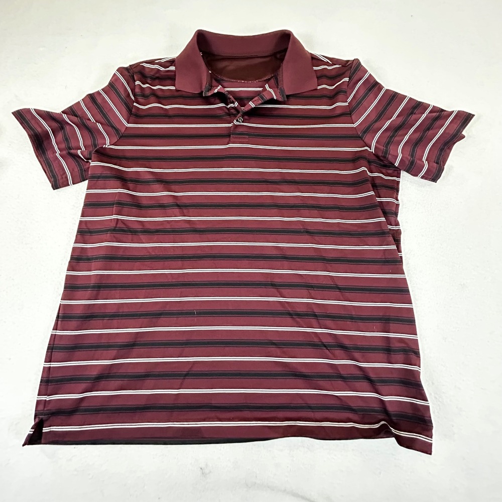 Mens Burgundy Black White Striped Short Sleeve Polo‎ Shirt Casual Golf Apparel.